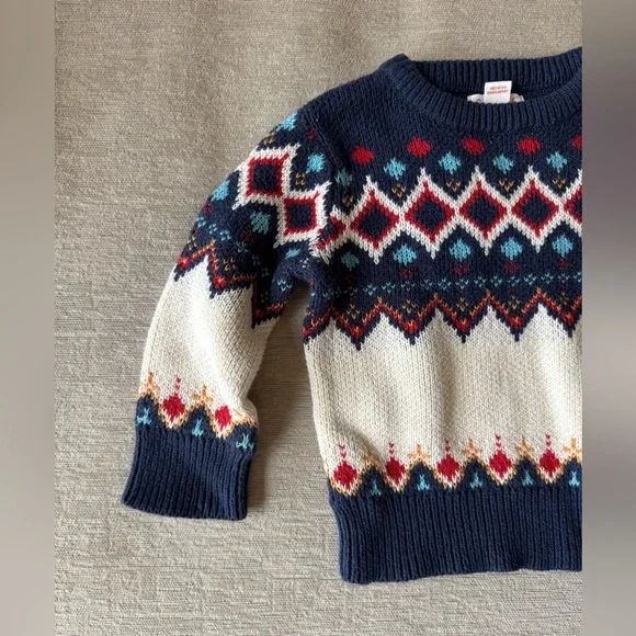Cat & Jack Baby Boy Fair Isle Sweater 12M Navy Cream Red Winter Knit Pullover - Picture 2 of 6